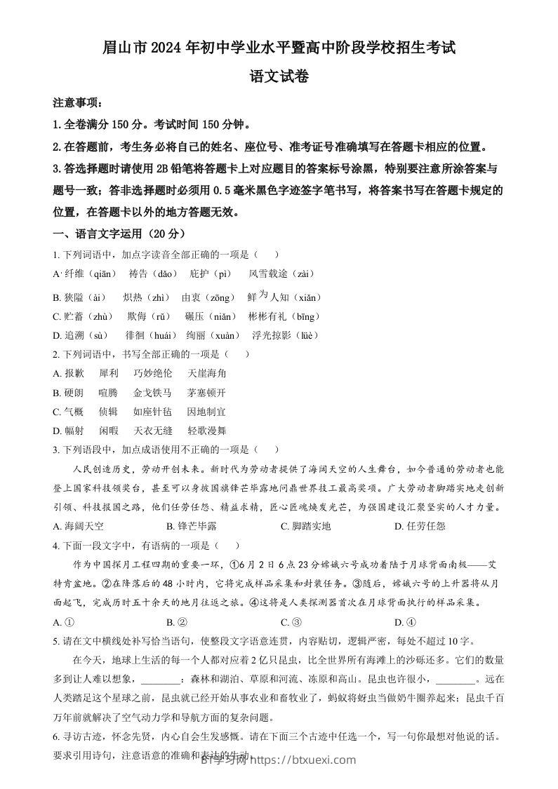 2024年四川省眉山市中考语文真题（空白卷）-BT学习网