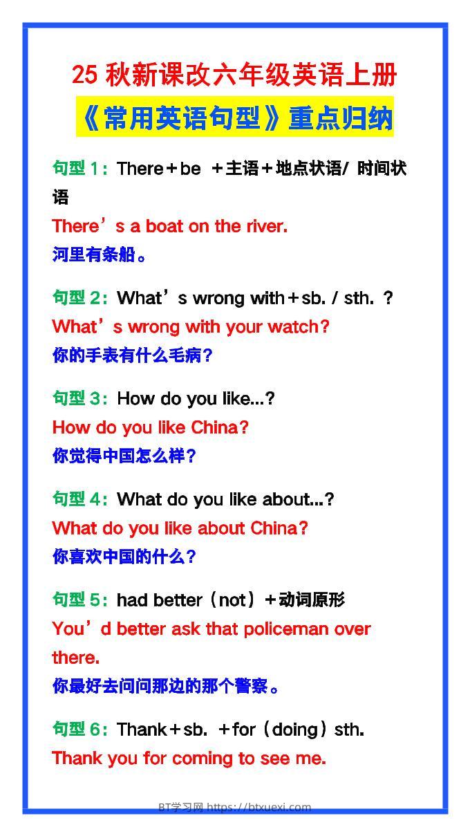 【2025秋新版】六年级英语上册《常用英语句型》重点归纳，提分必备!-BT学习网