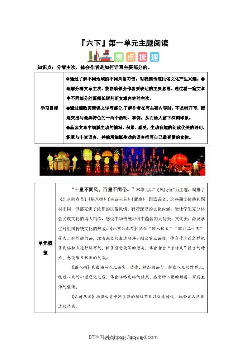 【主题阅读】统编版语文六年级下册第一单元“民风民俗”（主题阅读）-BT学习网