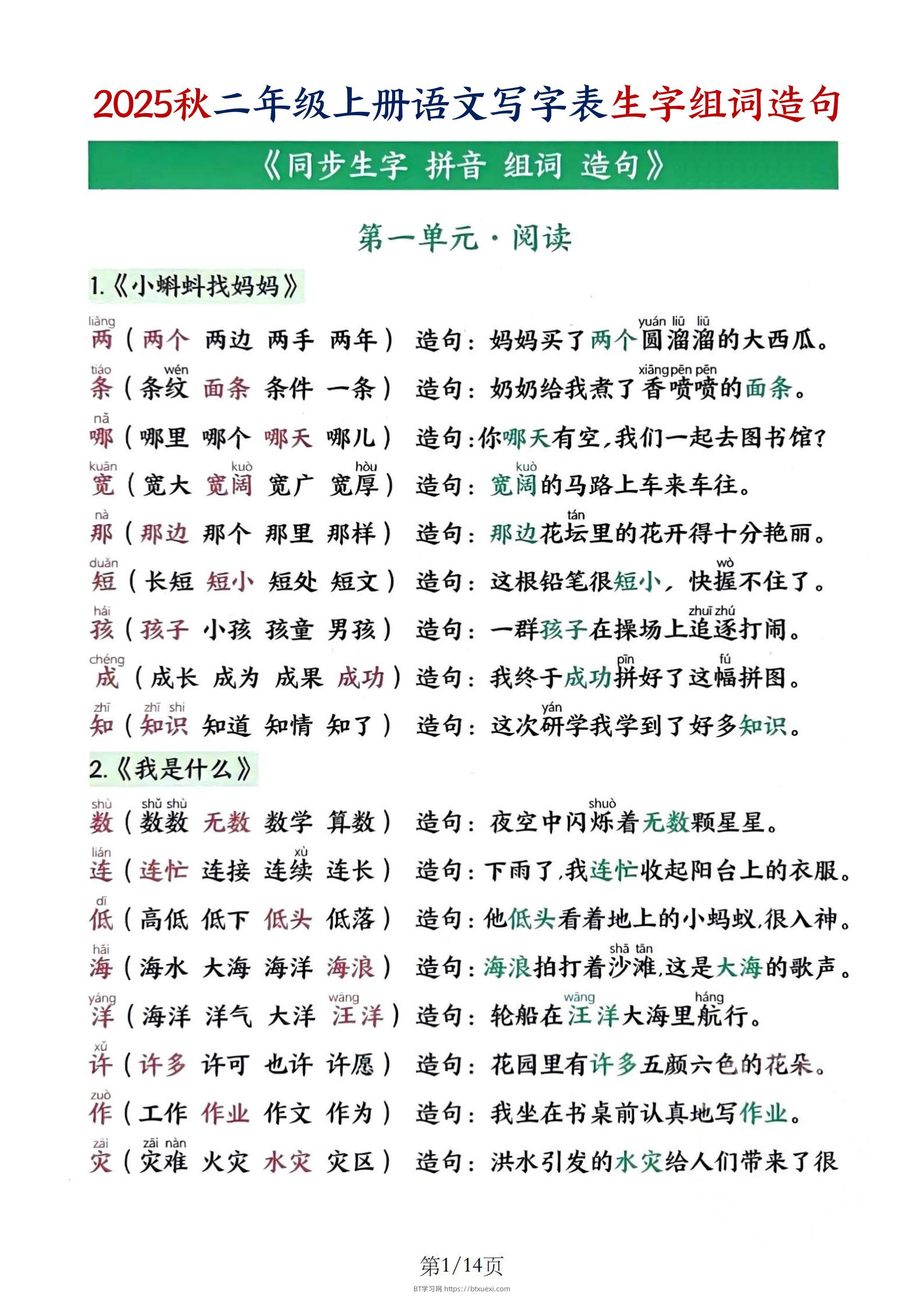 25秋二上语文写字表生字组词造句（14页）-BT学习网