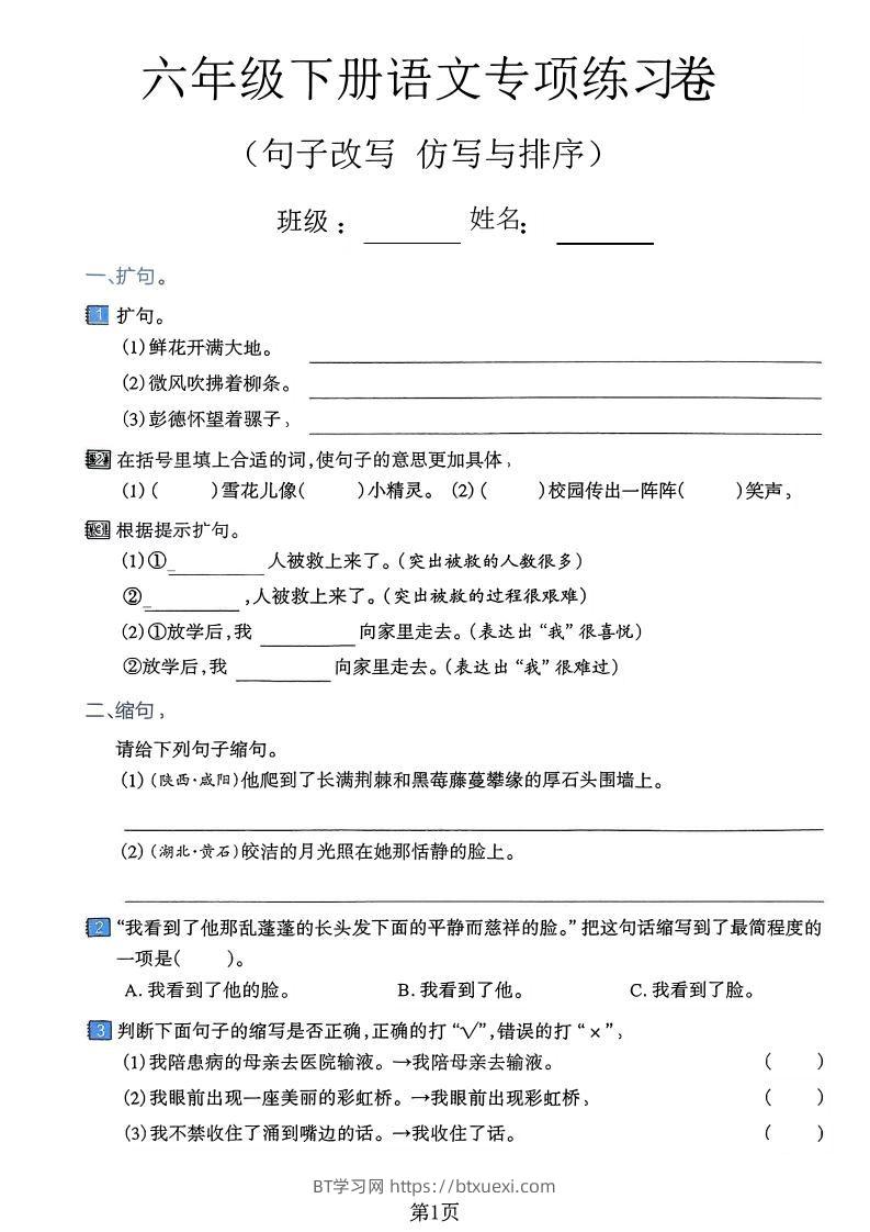 六下语文句子改写仿写与排序专项练习卷-BT学习网