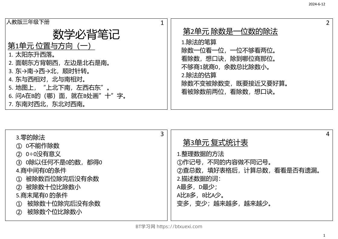 三年级数学下册必背笔记课课贴（4图）-BT学习网