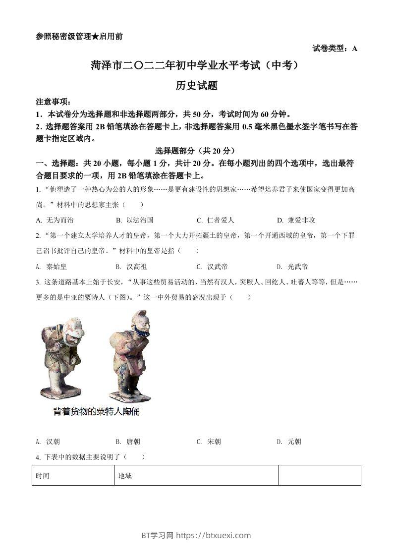 2022年山东省菏泽市中考历史真题（空白卷）-BT学习网