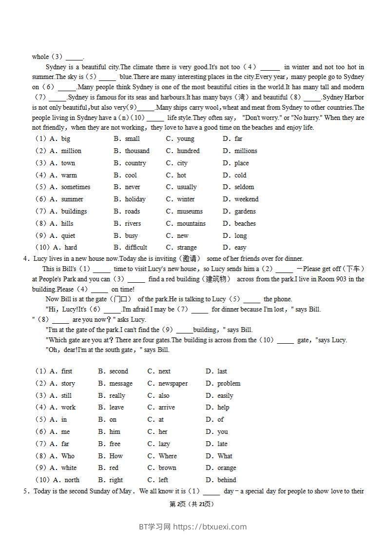 图片[2]-【外研期末】完形填空专题过关集训-BT学习网