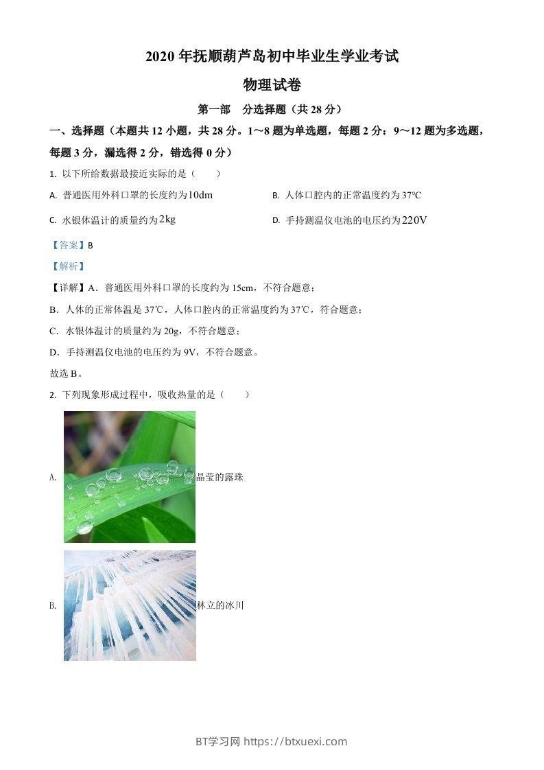 2020年辽宁省抚顺、葫芦岛市中考物理试题（含答案）-BT学习网