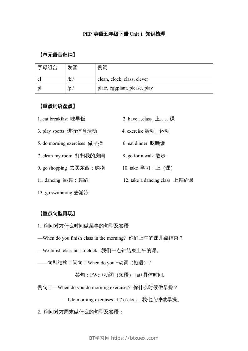 五年级英语下册【完美】单元知识梳理-Unit1Myday（人教PEP版）-BT学习网