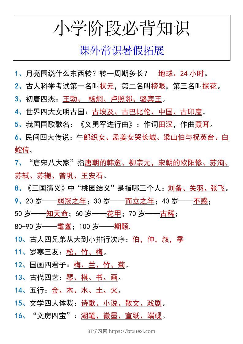 小学阶段必背知识课外常识暑假拓展-小升初语文-BT学习网