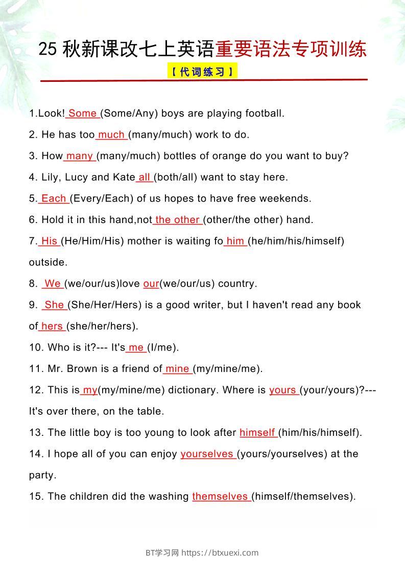 【2025秋新版】七上英语重要语法专项训练-BT学习网