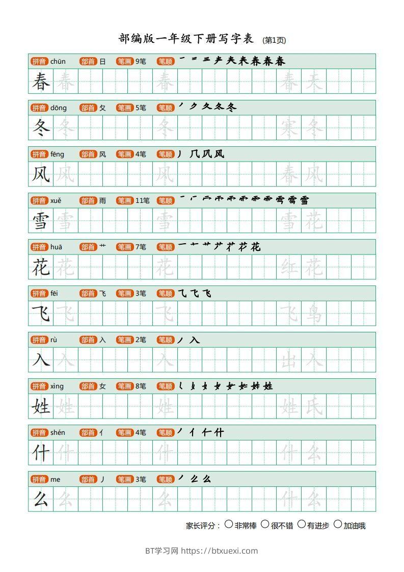一年级语文下册写字表描红(含拼音笔顺词组)（20页）PDF（部编版）-BT学习网