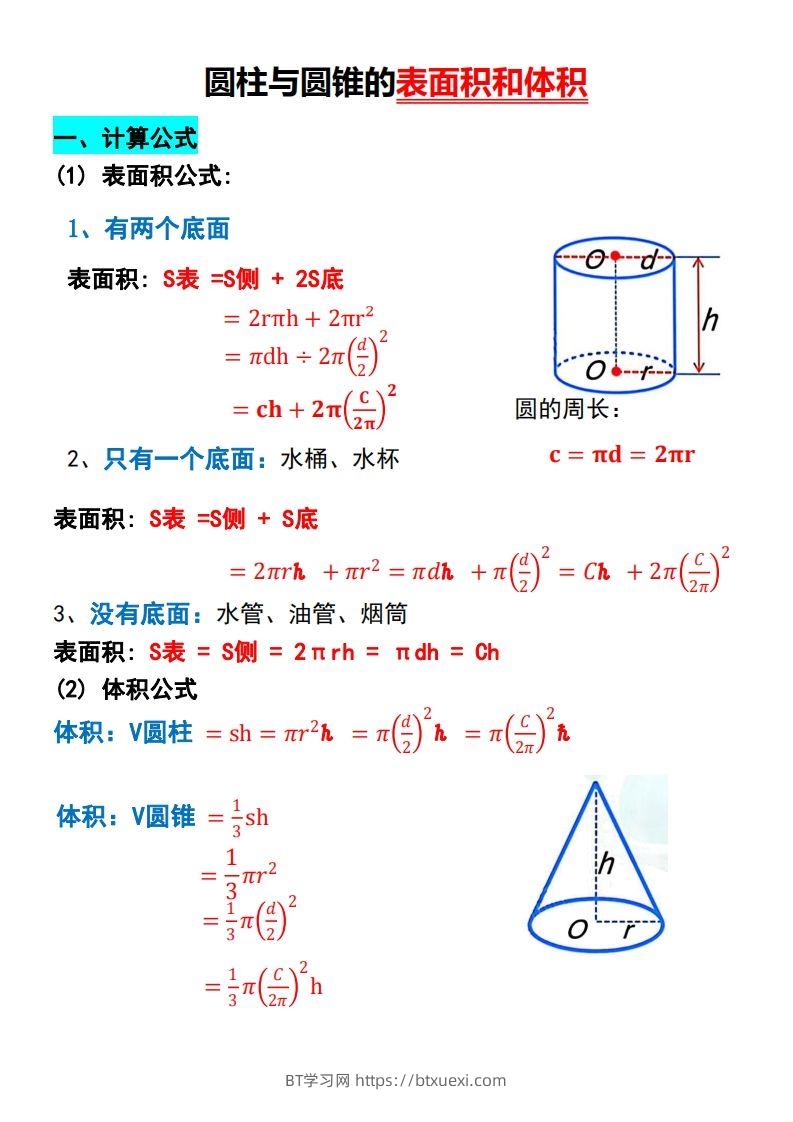 六下数学【圆柱与圆锥的思维导图和公式】-BT学习网