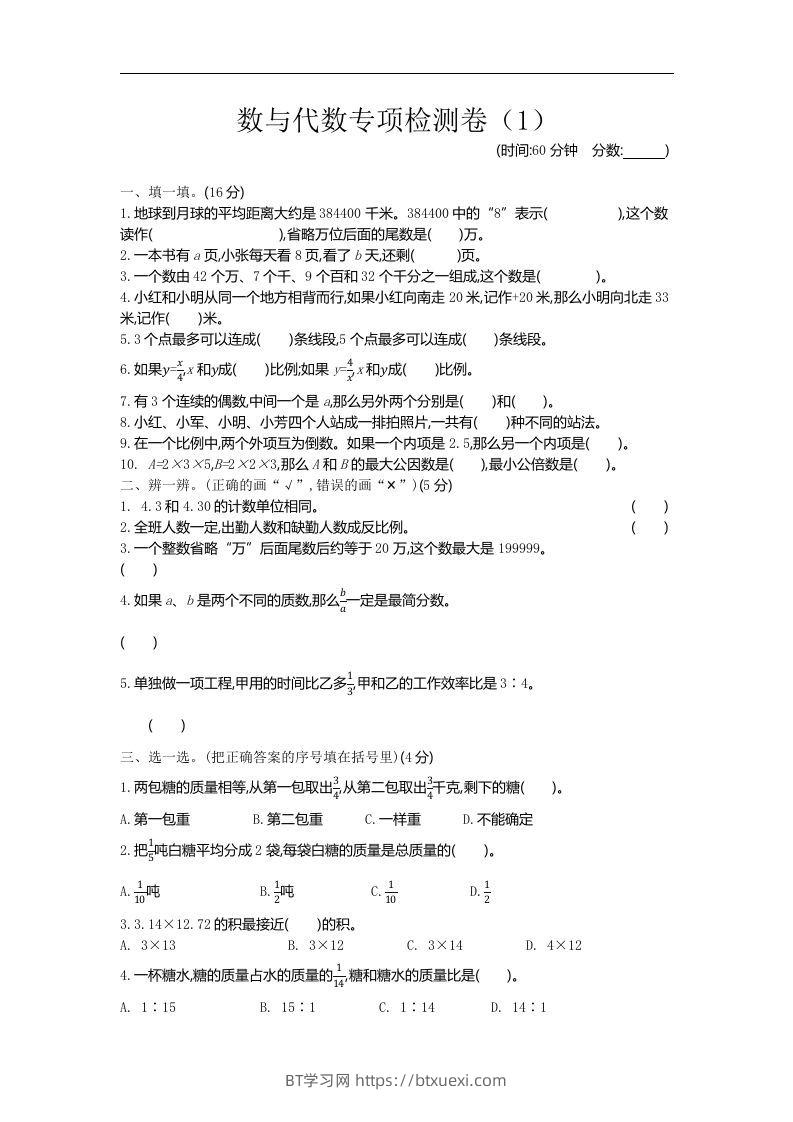 六下青岛63版数学期末数与代数专项检测卷（1）-BT学习网