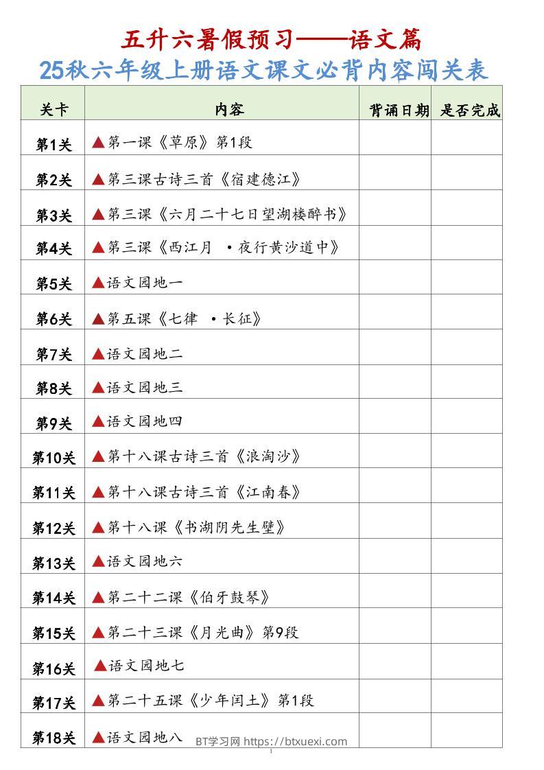 25秋六上语文课文必背内容背诵闯关表7页-BT学习网