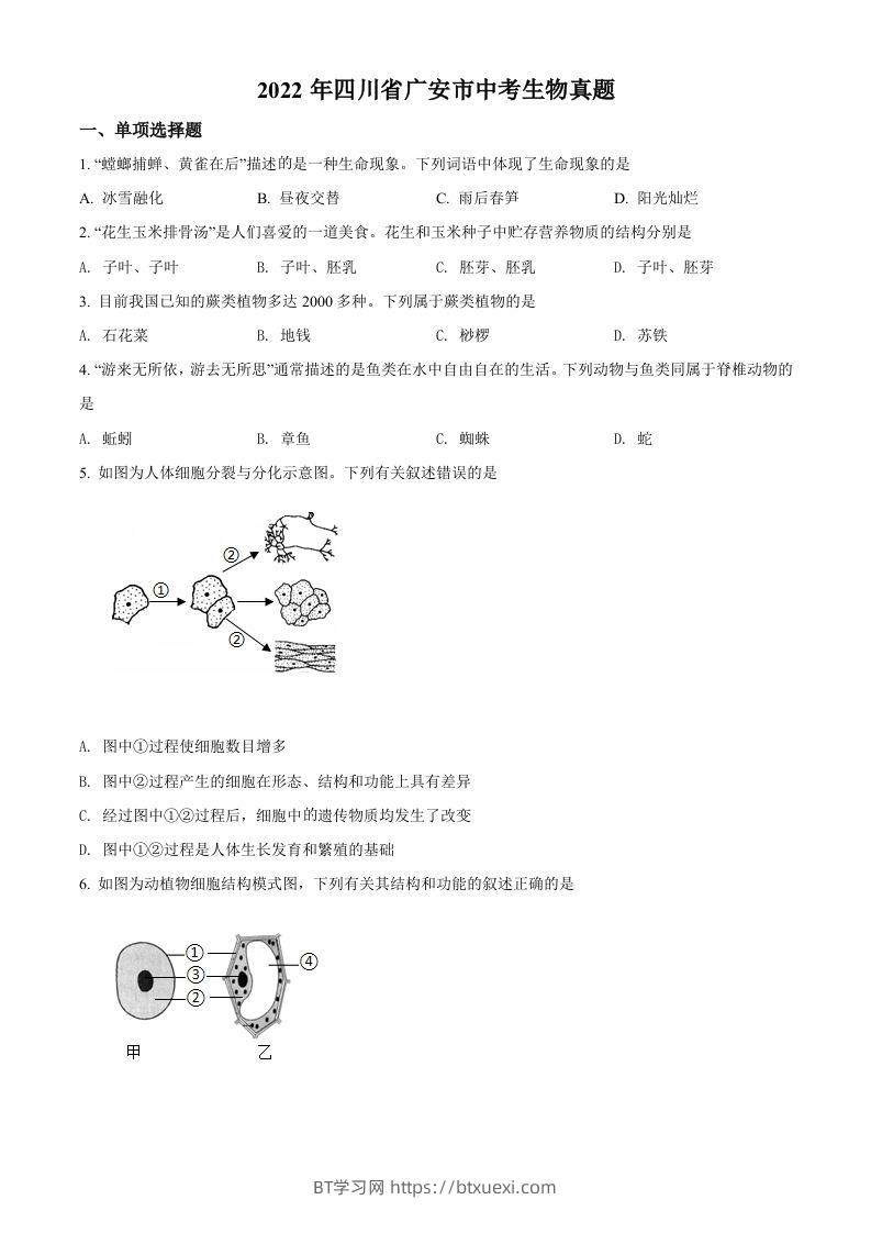 2022年四川省广安市中考生物真题（空白卷）-BT学习网