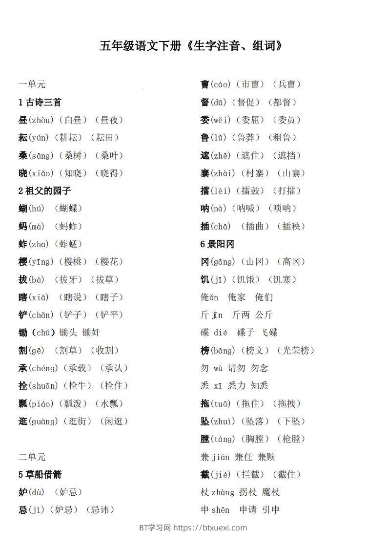 五下语文：《生字注音、组词》-BT学习网