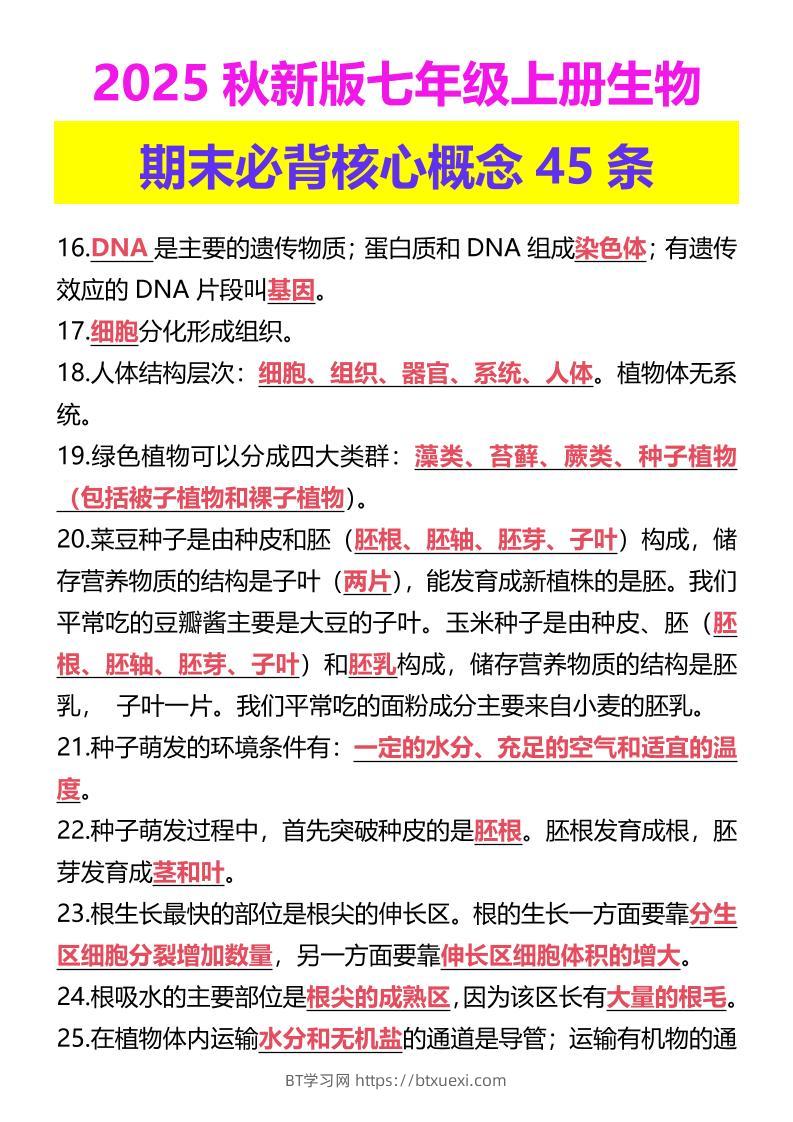 【2025秋新版】七年级上册生物期末必背核心概念45条-BT学习网