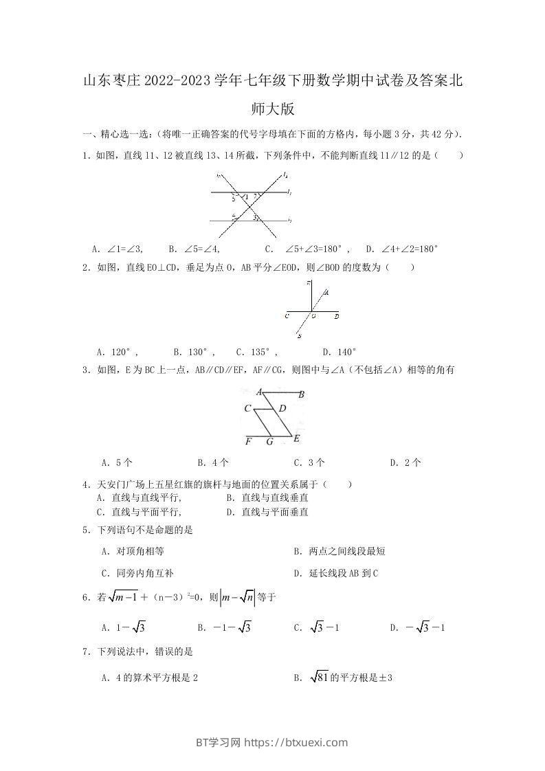 山东枣庄2022-2023学年七年级下册数学期中试卷及答案北师大版(Word版)-BT学习网