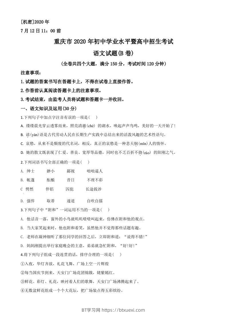 重庆市2020年中考语文试题(B卷)（空白卷）-BT学习网
