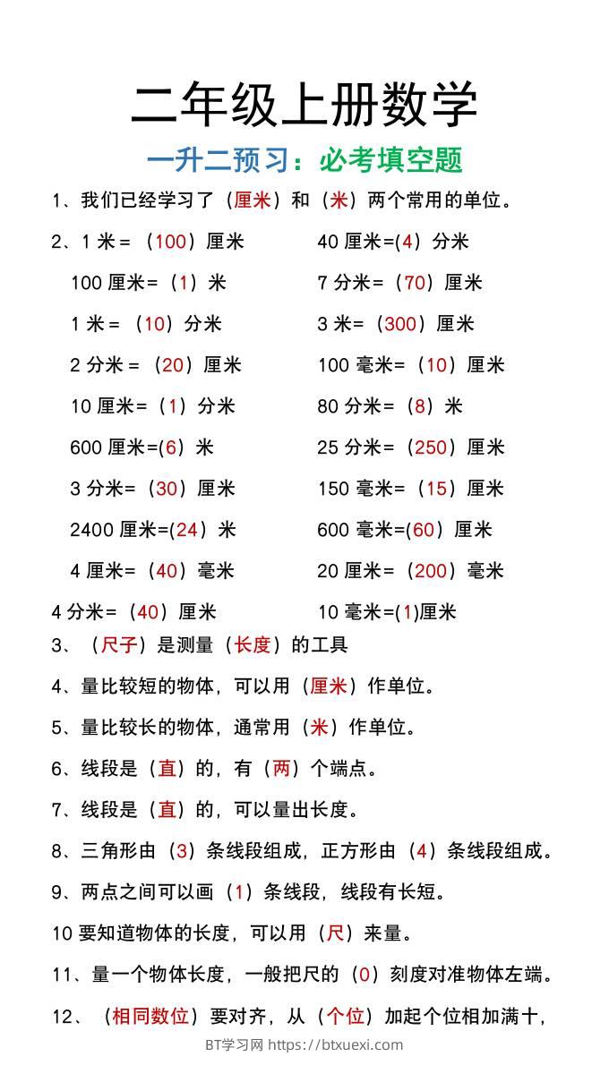 二年级上册数学暑假预习必做《重点填空题》-BT学习网