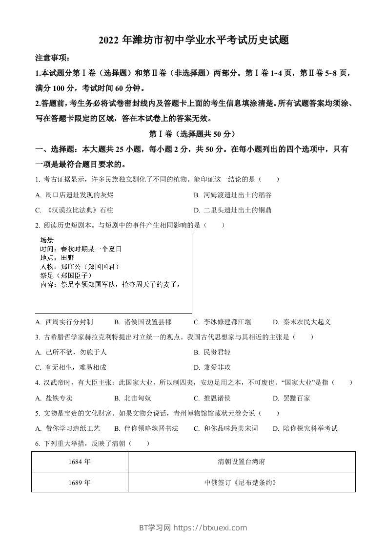 2022年山东省潍坊市中考历史真题（空白卷）-BT学习网
