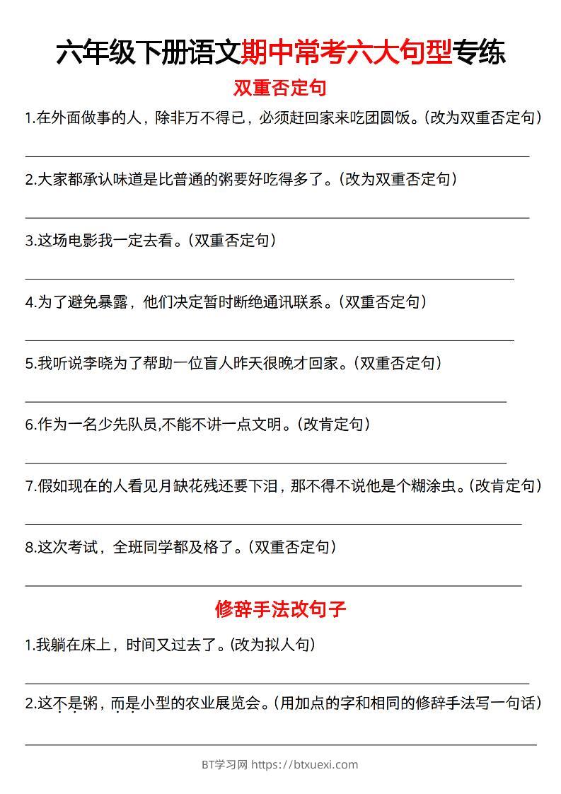 六下语文《语文六大句型期中考点专练》-BT学习网