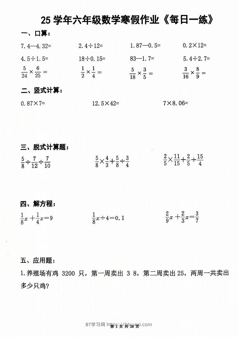 六年级【数学寒假作业】每日一练20天（含答案26页）-BT学习网