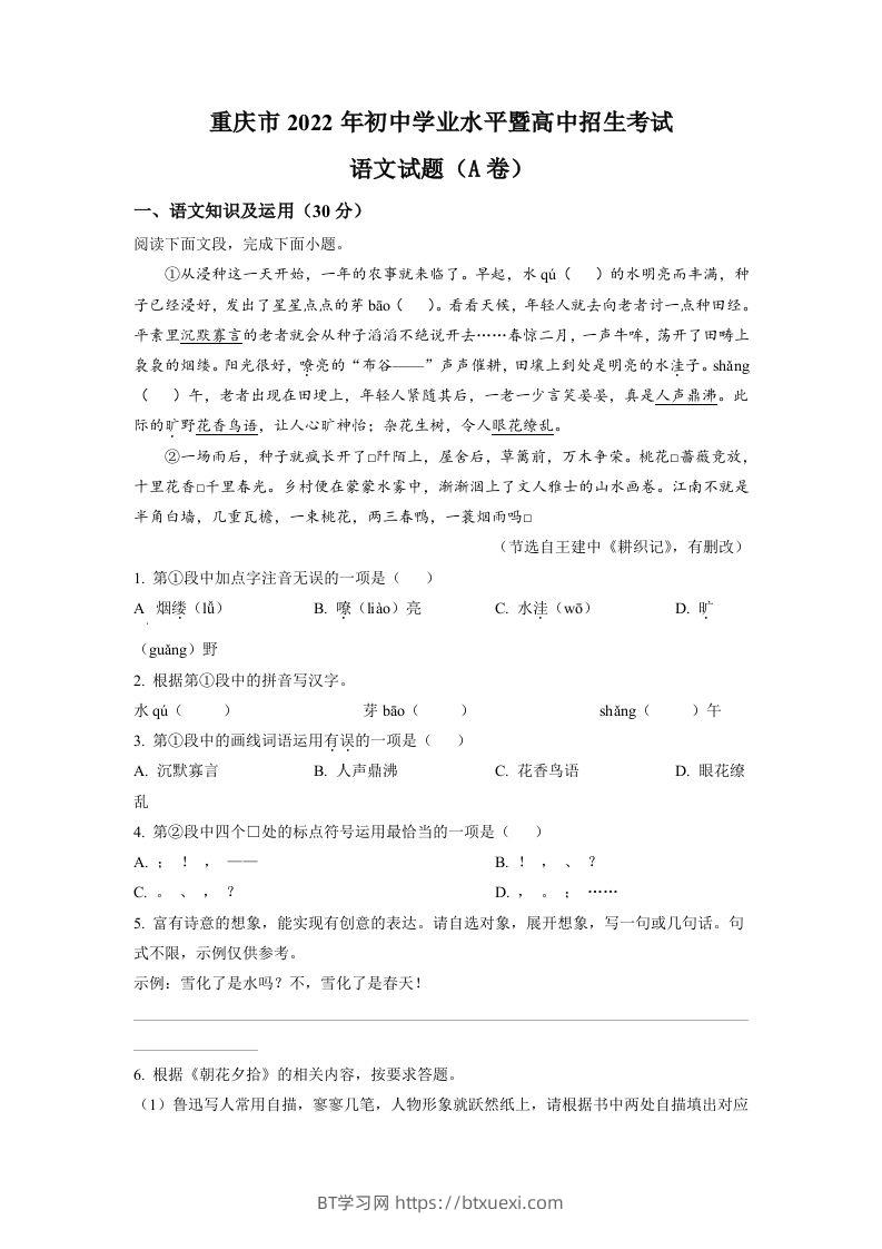 2022年重庆市中考语文真题A卷（空白卷）-BT学习网