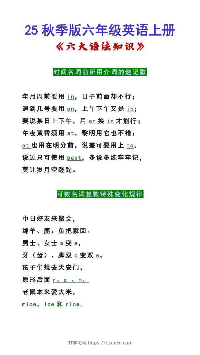 【2025秋新版】六年级英语上册《六大语法知识》-BT学习网