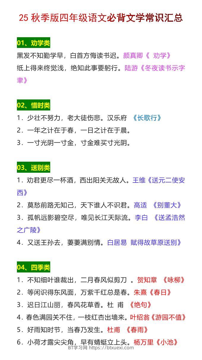 【2025秋新版】四年级语文上册必背文学常识汇总-BT学习网