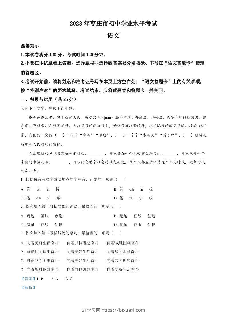 2023年山东省枣庄市中考语文真题（含答案）-BT学习网