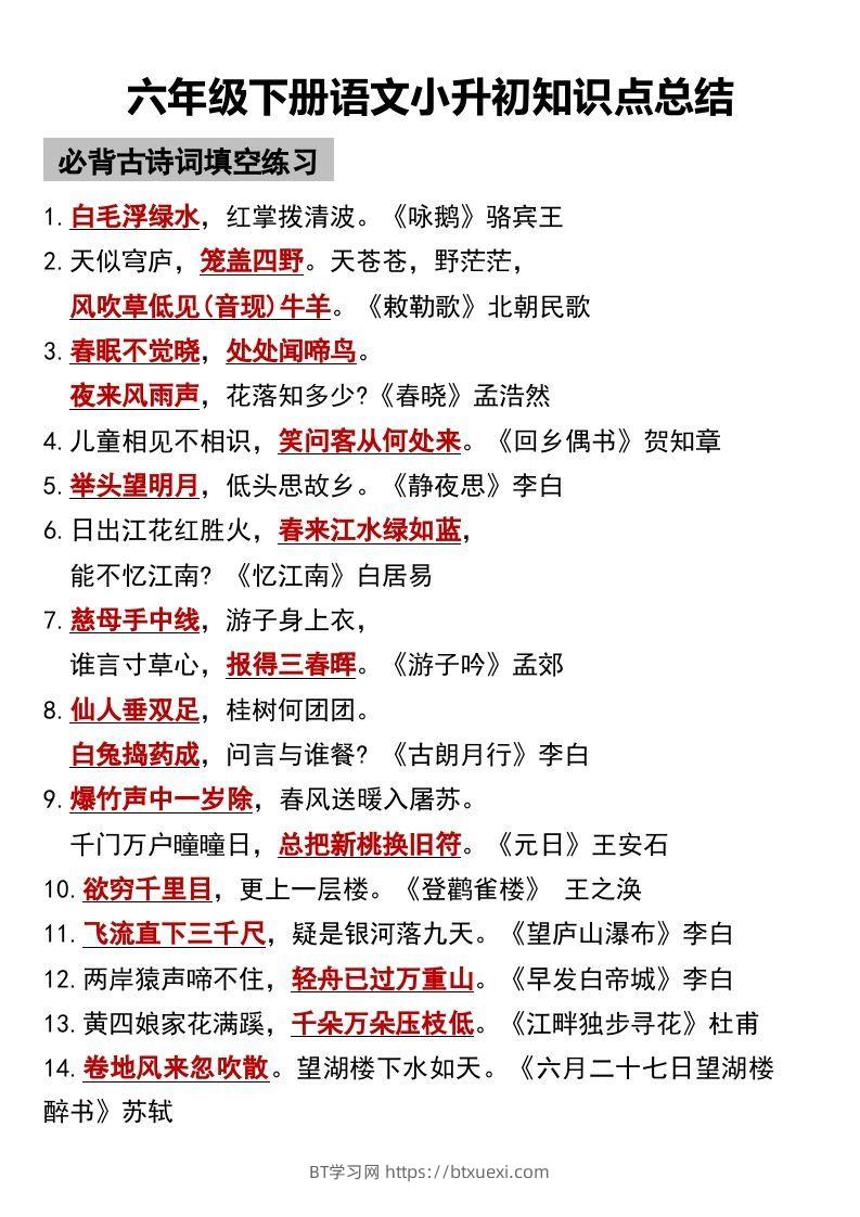 六年级下册语文小升初知识点总结-BT学习网