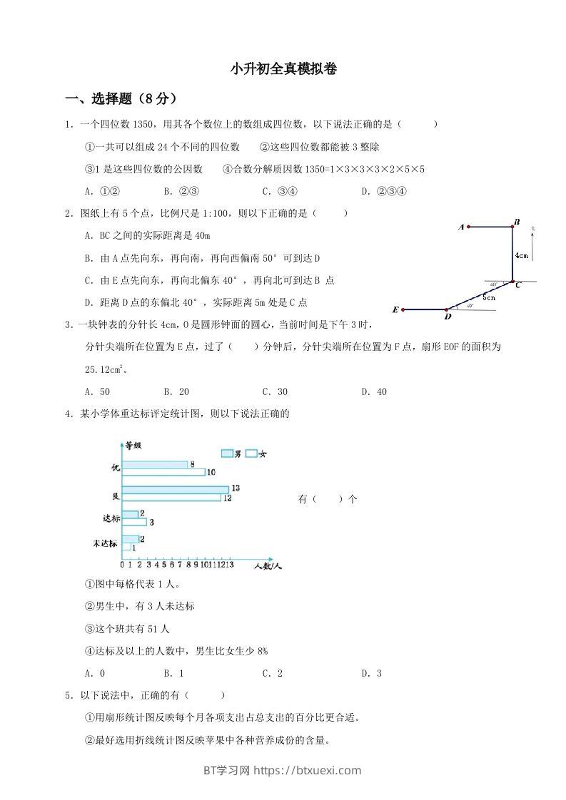 小升初数学全真模拟卷（三）人教版含答案-BT学习网