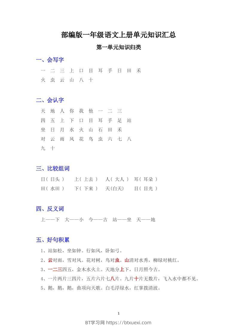 部编版版一年级上册语文日积月累-BT学习网