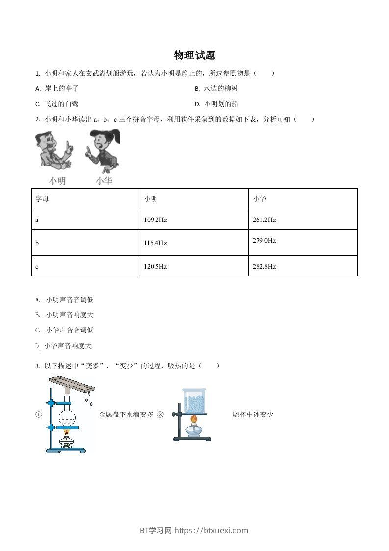 江苏省南京市2021年中考物理试题（空白卷）-BT学习网
