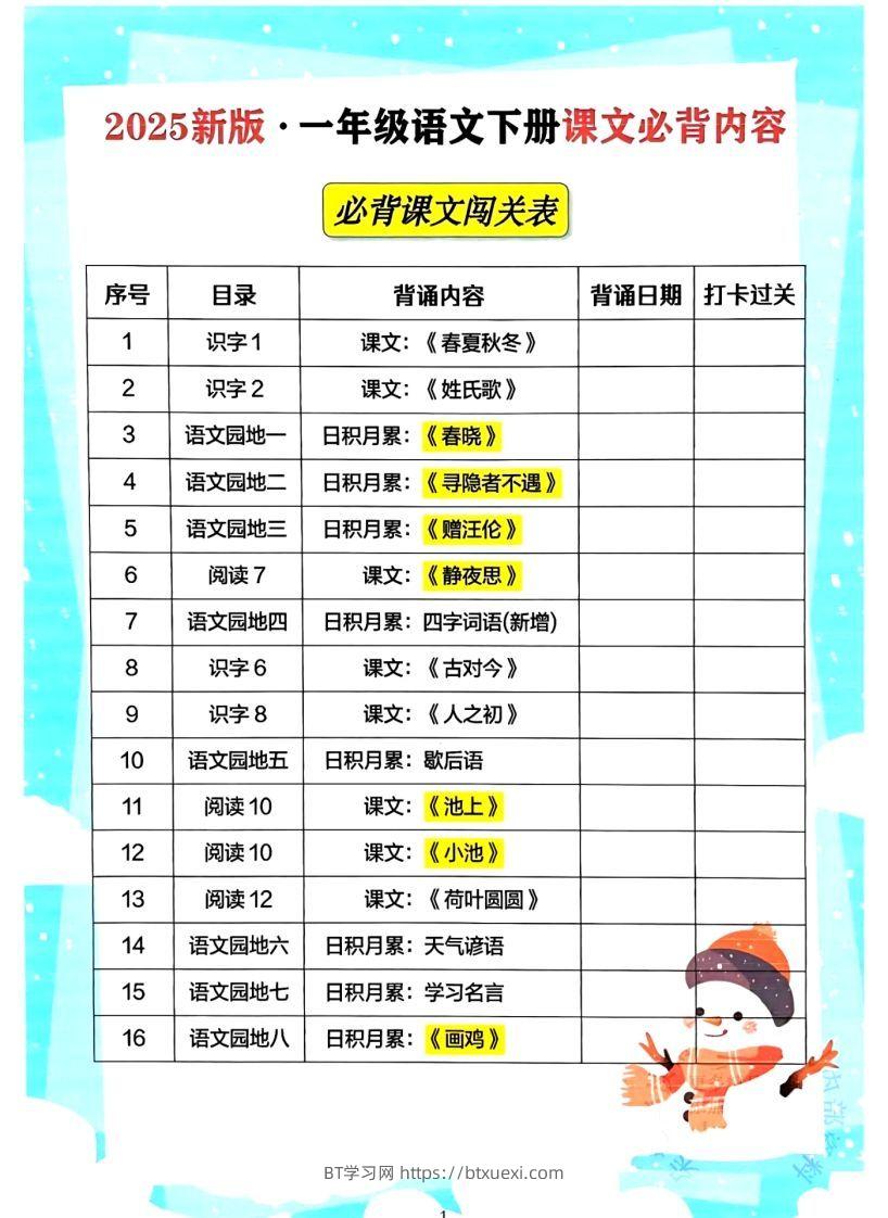 一年级下册语文必背课文_纯图版-BT学习网