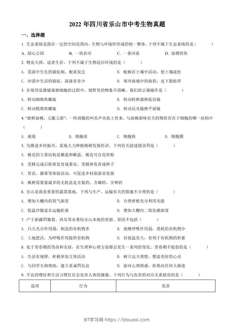 2022年四川省乐山市中考生物真题（空白卷）-BT学习网