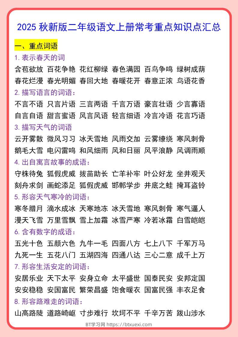 【2025秋新版】二年级语文上册常考重点知识点汇总-BT学习网