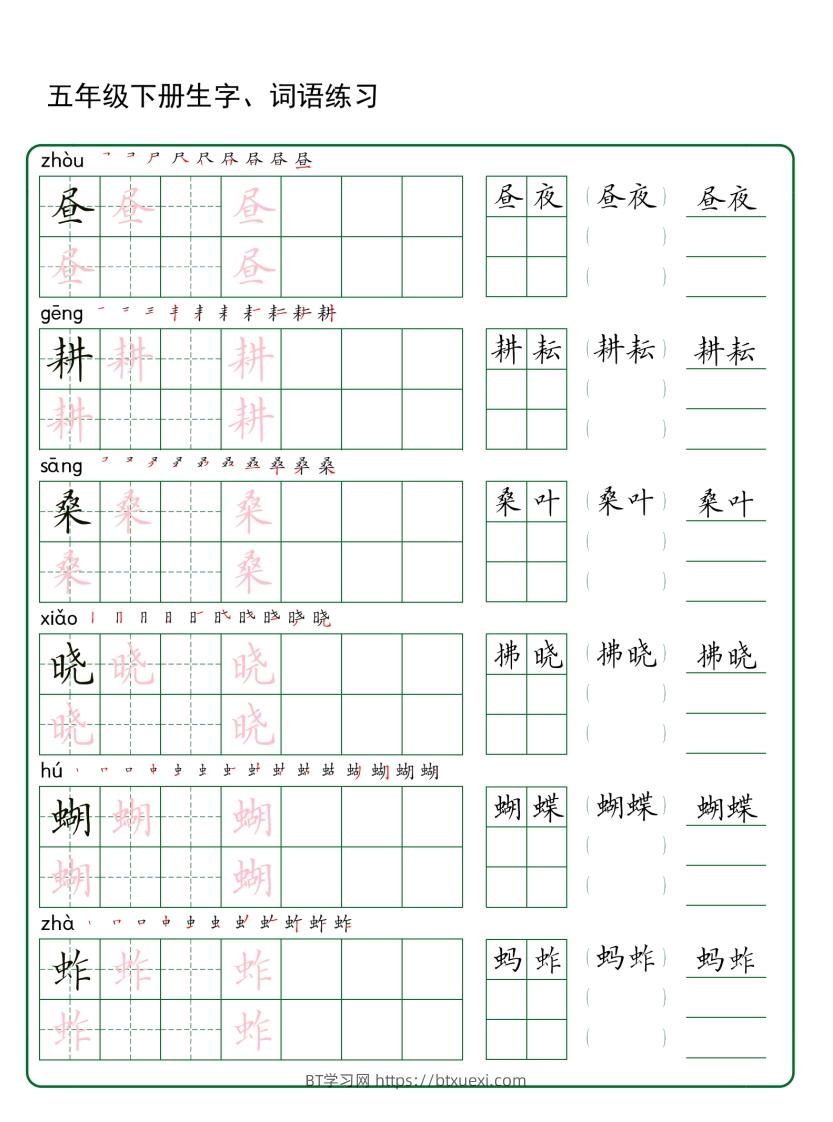 五年级下册语文生字词语练字（30页秋版）-BT学习网