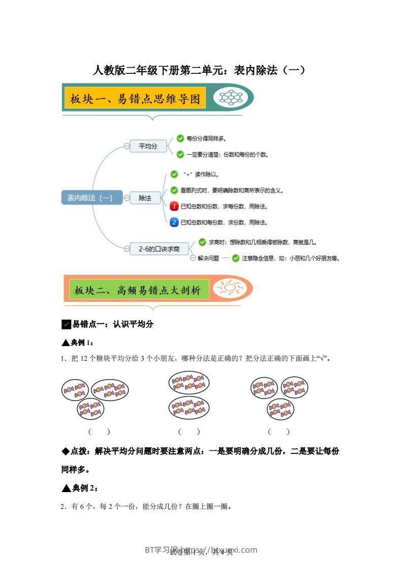 人教版数学二年级下册第二单元《表内除法（一）》易错点大全-BT学习网