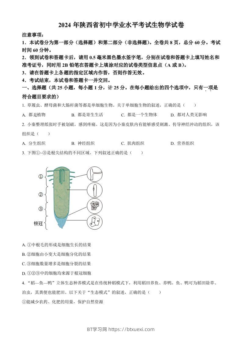2024年陕西省中考生物真题（空白卷）-BT学习网