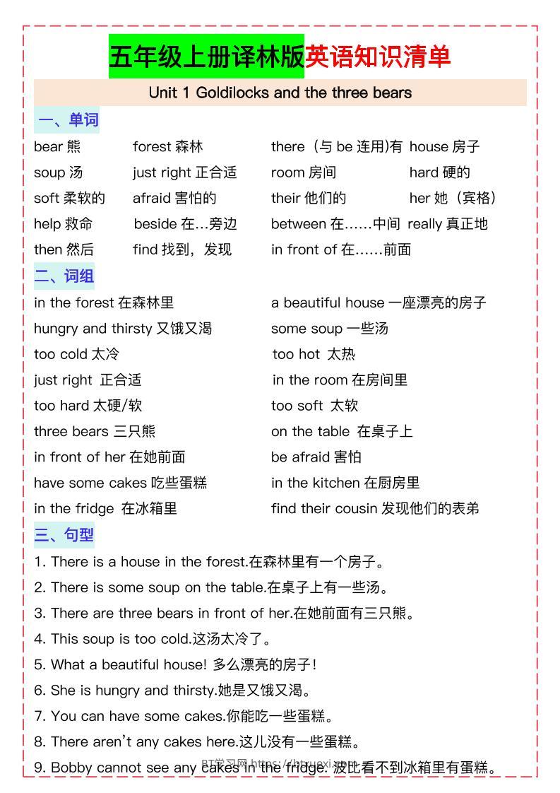 五上译林版英语知识清单21页-BT学习网