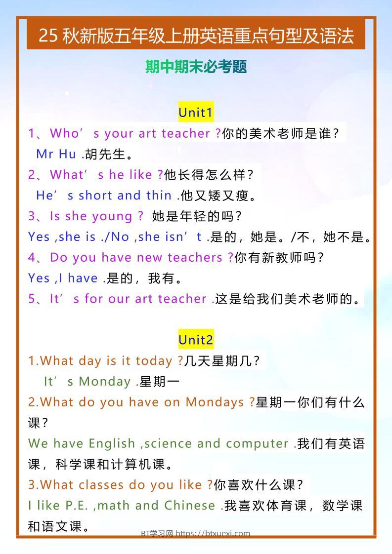 【2025秋新版】五年级上册英语重点句型及语法-BT学习网