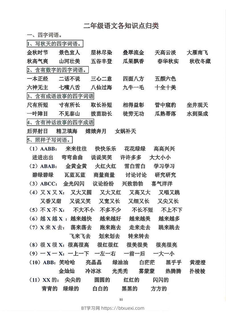 二年级语文上册各知识点归类-BT学习网