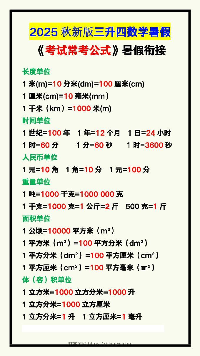 【2025秋新版】三升四数学暑假《考试常考公式》大汇总-四上数学-BT学习网