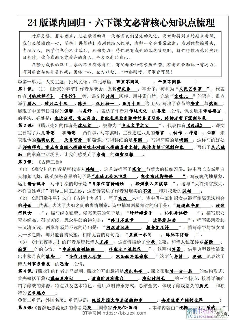 六年级下册课文必背核心知识点梳理-BT学习网