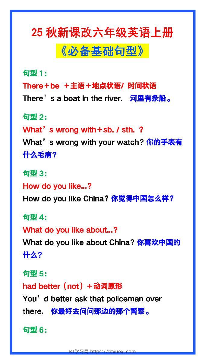 【2025秋新版】六年级英语上册《必备基础句型》，最全整理！-BT学习网