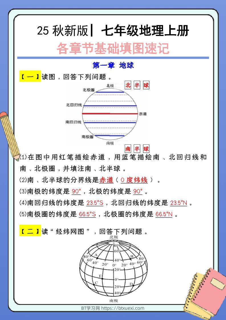 【2025秋新版】七年级地理上册：各章节基础填图速记（含答案）-BT学习网