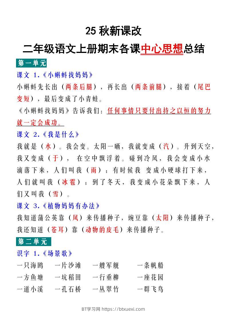 【2025秋新版】二年级语文上册期末各课中心思想总结-BT学习网