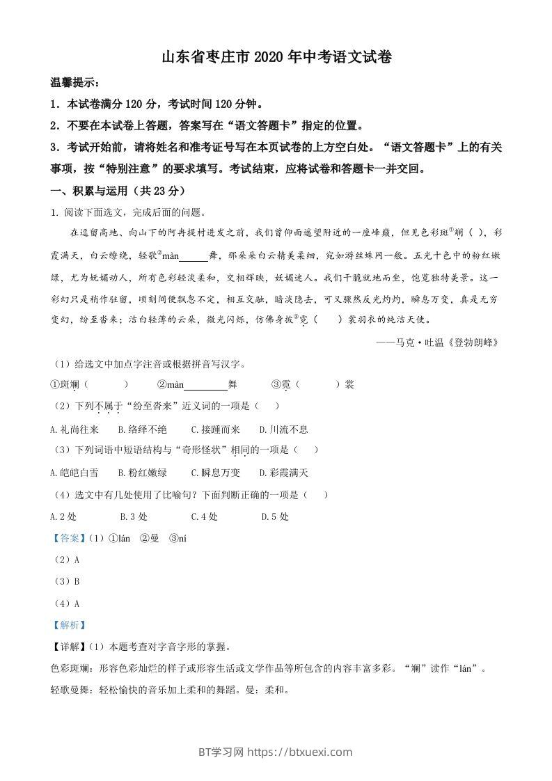 山东省枣庄市2020年中考语文试题（含答案）-BT学习网