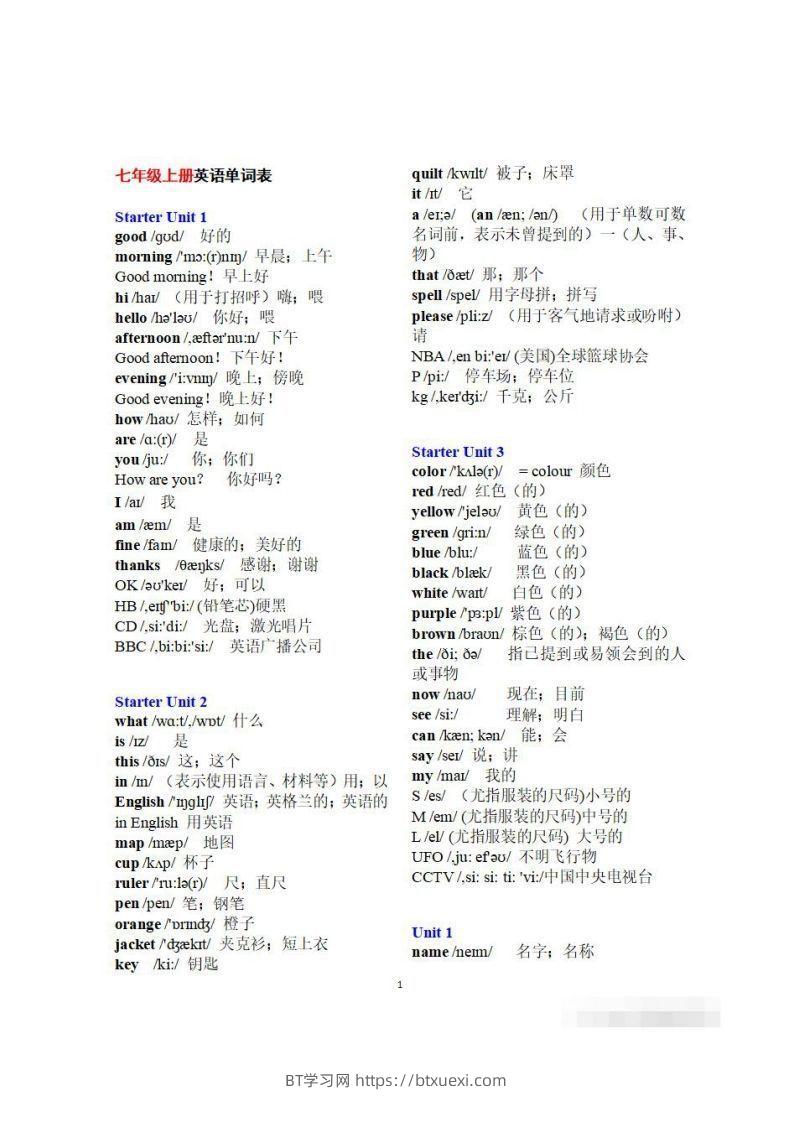 初一英语上册：全册《单词表》（分单元、带音标、词意）-BT学习网