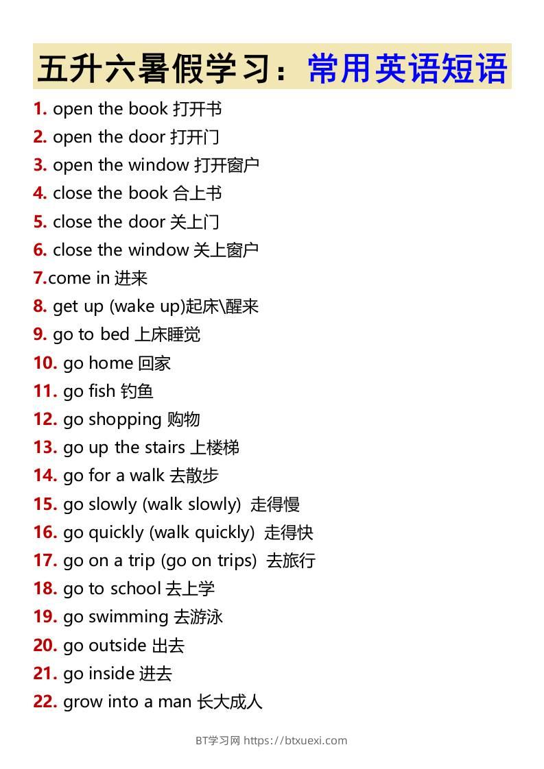 五升六暑假学习：常用英语短语-六上英语-BT学习网
